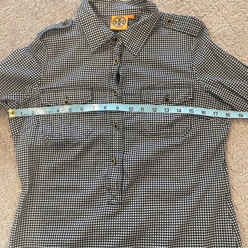 Tory Burch Navy & White Polka Dot Print Button Down Blouse, Long Sleeve, Size 6 - Picture 7 of 15